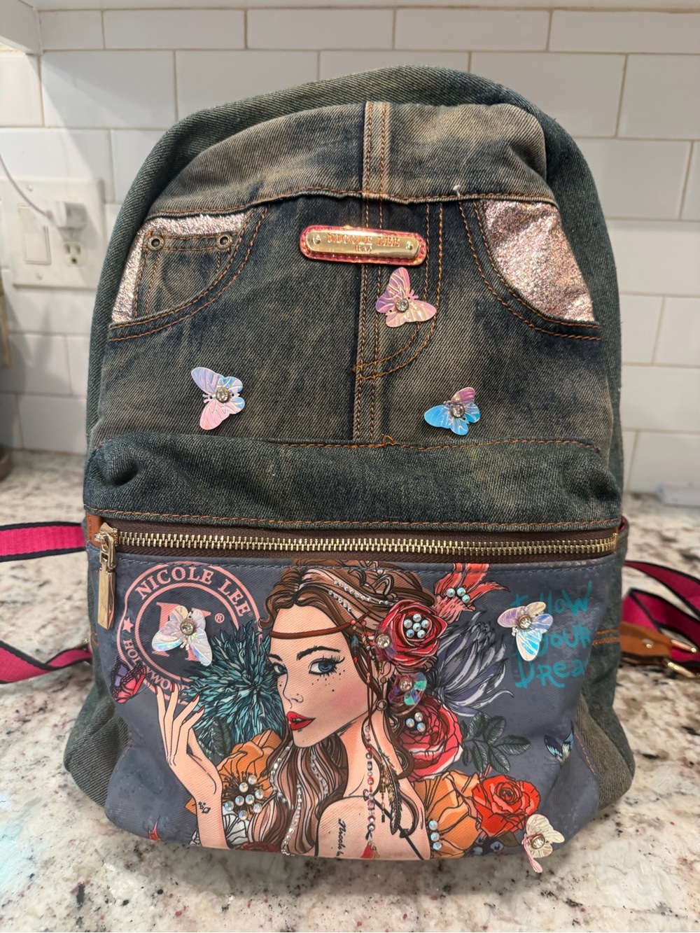 Nicole Lee Green Denim Butterfly & Floral Graphic Mini Backpack